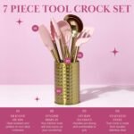 Paris Hilton Kitchen Set Tool Crock with Silicone Cooking Utensils, Stainless Steel Whisk and Ladle, 7-Piece, Pink and Gold - Image 4