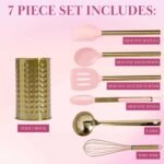 Paris Hilton Kitchen Set Tool Crock with Silicone Cooking Utensils, Stainless Steel Whisk and Ladle, 7-Piece, Pink and Gold - Image 5