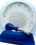 All-in-one Premium Ceramic Garlic Grater Plate 4-Piece Set - Classic Flower Line on White Design - For Garlic, Ginger, Chocolate, and more! - Comes with 5.25" Plate, Peeler, Brush, and Stand - Image 5