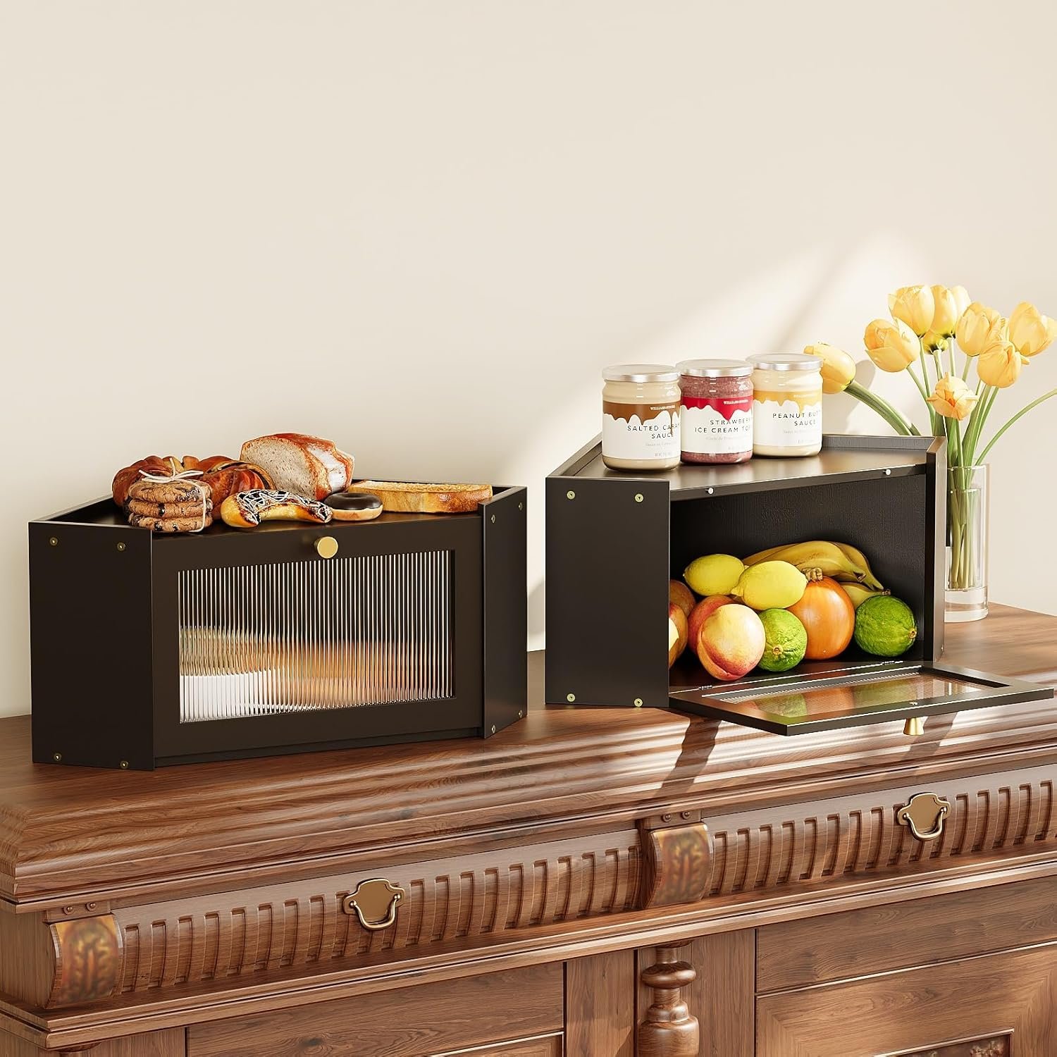 Corner Bamboo Bread Box for Kitchen Counter Large Capacity Rustic Bread Storage Container with Wavy Arcylic Transparent Door Vintage Storage for Homemade Bread (Black) - Image 7