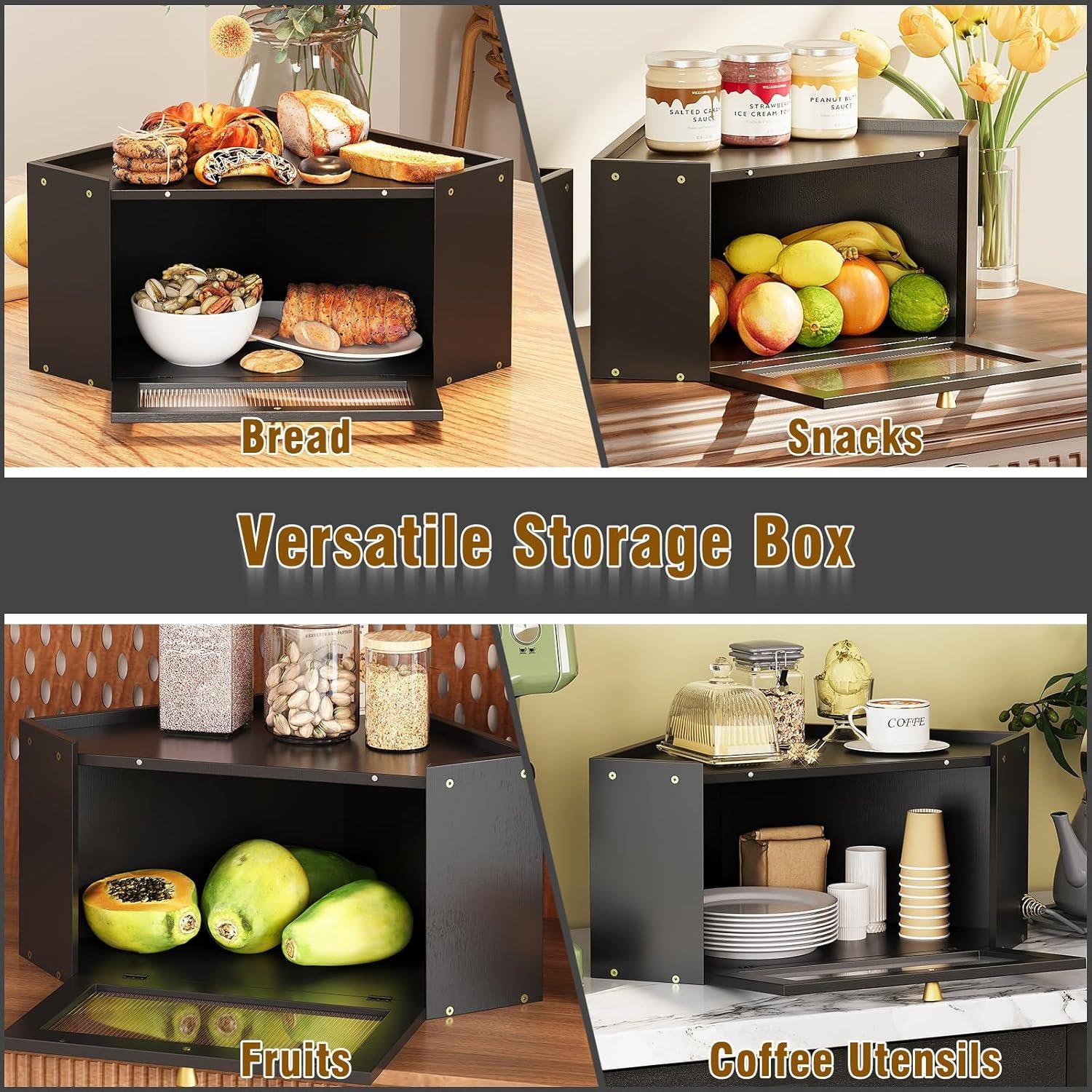 Corner Bamboo Bread Box for Kitchen Counter Large Capacity Rustic Bread Storage Container with Wavy Arcylic Transparent Door Vintage Storage for Homemade Bread (Black) - Image 9