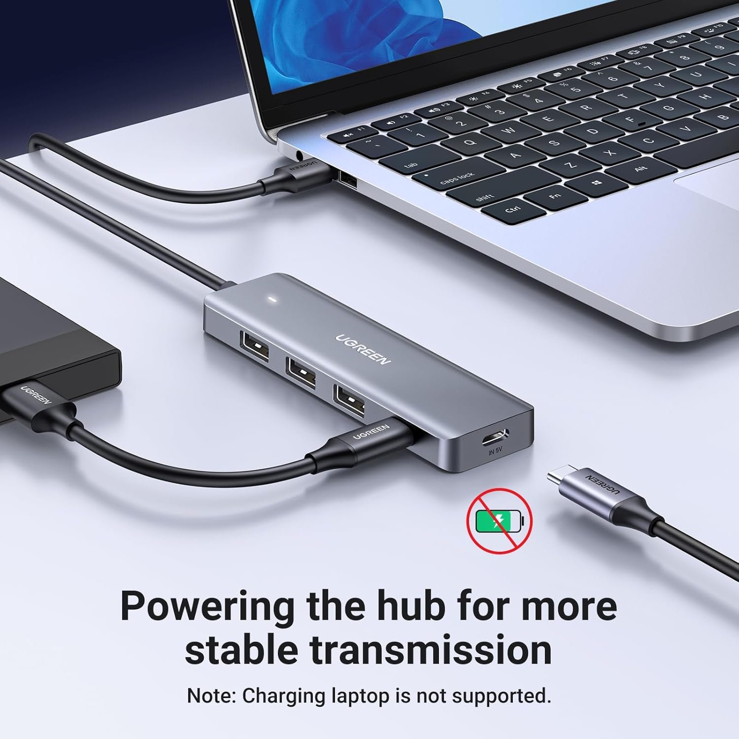 UGREEN USB Hub 4 Ports, C & 3 A Multiport Adapter, 2ft Long Cable Powered 3.0 Hub With C Power Port for Laptop, Desktop, PS5, Xbox Series, and More Devices - Image 5