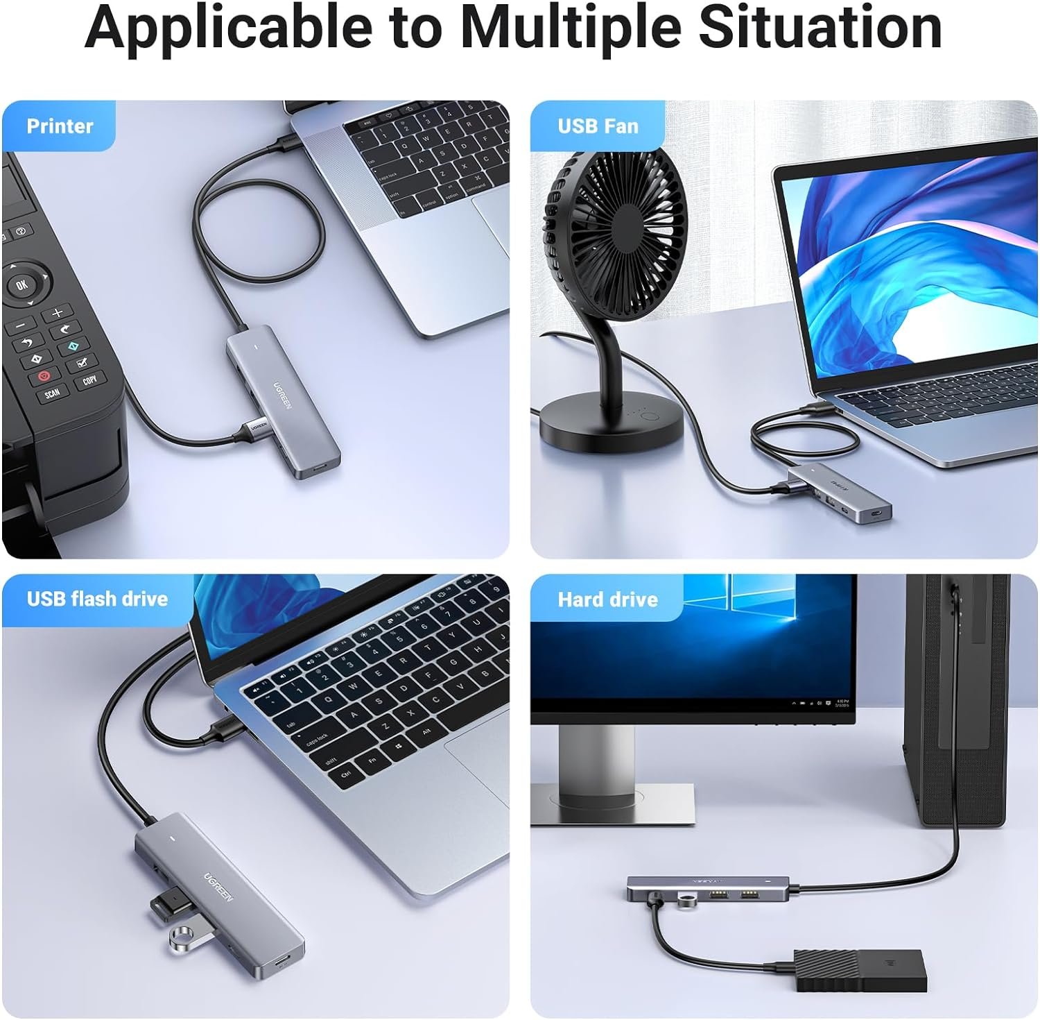 UGREEN USB Hub 4 Ports, C & 3 A Multiport Adapter, 2ft Long Cable Powered 3.0 Hub With C Power Port for Laptop, Desktop, PS5, Xbox Series, and More Devices - Image 6