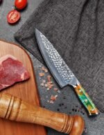 8" Chef Knife - Professional Kitchen Knife - Hammered Damascus Steel & Resin Handle - YAO Series - Image 5