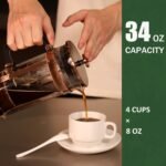 French Press Coffee Maker, 34 Ounce 1 Liter, Stainless Steel, Cold Brew Heat Resistant Borosilicate Glass Espresso Coffee & Tea Maker with 4 Filter - Image 3