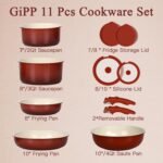 GIPP 11PCS Ceramic Pots and Pans Set Non Stick,Nonstick Cookware Set Detachable Handle,Red Black Gradien Pots and Pans Induction Kitchen Cooking Sets, RV Cookware Sets,Oven Safe - Image 4