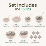 Chef Power Ceramic Cookware Sets, 15Pcs Pots and Pans Set Non Stick, Cookware Set with Stainless Steel Handle, Dishwasher & Oven Safe, Taupe and Light Gold Handle - Image 3