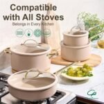 Chef Power Ceramic Cookware Sets, 15Pcs Pots and Pans Set Non Stick, Cookware Set with Stainless Steel Handle, Dishwasher & Oven Safe, Taupe and Light Gold Handle - Image 5