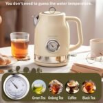 Retro Electric Kettle, 1.7L 304 Stainless Steel Tea Kettle with Temperature Gauge, 1500W Fast Boiling Water Boiler,Auto Shut-Off & Boil-Dry Protection, BPA-Free, Beige - Image 3