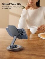 Adjustable Phone Stand, Non-Slip Wood Grain Base Aluminum Desktop Rotating Phone Holder, Foldable Portable Phone Stand, Compatible with All Smartphones/Tablets/iPhone/iPad - Image 4
