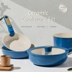 CAROTE 15Pcs Ceramic Cookware Set, Pots and Pans Set Non stick, Non Toxic Cookware Detachable Handle, Induction Cookware, Dishwasher/Oven Safe, RV/Camping, PFAS Free, Blue&Gold - Image 4