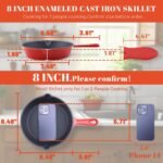 Enameled Cast Iron Skillet with Pour Spouts for Searing Baking Grilling and Roasting,8inch Frying Pan Cookware with Silicone Handle Cover,Durable Oven Safe Pan,Stove Campfire Use(Red) - Image 3