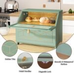 Double Layer Bread Box With Golden Trim for Countertop, Wooden Bread Container for Kitchen Counter, Corner Bread Storage (Green) - Image 4