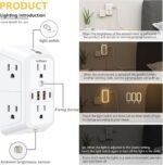 Wall Outlet Extender with Night Light, Power Plug Adapter 6 Outlet Extender with 4 USB Charging Ports 1050J Power Strip Multi Plug Adapter Spaced for Home Travel Office (2U2C) - Image 3