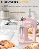 Electric Hand Mixer, Powerful 300W Hand Mixer Electric Handheld with 304 Beaters, Dough Hook,Hand Held Mixer with Turbo for Baking Cakes, Eggs, Cream Food(Pink) - Image 4
