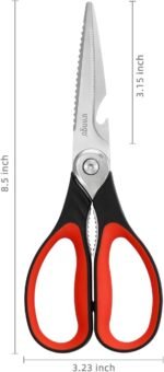 LIVINGO 8.5 Inch Kitchen Scissors Heavy Duty - Multi-Purpose Food Shears with Serrated Blades, Nut Cracker, Fish Scaler, Bottle Opener, Black & Red Handle - Image 4