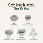 Chef Power Ceramic Cookware Sets, 10Pcs Pots and Pans Set Non Stick, Cookware Set with Stainless Steel Handle, Dishwasher & Oven Safe, Sage Green and Granite Grey - Image 3