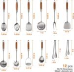 304 Stainless Steel Kitchen Utensils Set with Wooden Handle,12 Pcs Long Heat Resistant Metal Cooking Utensils Set,Spatula, Ladle, Skimmer, Spaghetti Spoon,Tongs,Potato Masher - Image 3