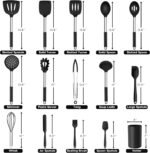 Onader Kitchen Utensils Set, 15 Pcs Silicone Cooking Utensils Set with Holder and Heat Resistant Stainless Steel Handle for Nonstick Cookware - Black - Image 3