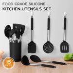 Onader Kitchen Utensils Set, 15 Pcs Silicone Cooking Utensils Set with Holder and Heat Resistant Stainless Steel Handle for Nonstick Cookware - Black - Image 4