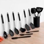 Onader Kitchen Utensils Set, 15 Pcs Silicone Cooking Utensils Set with Holder and Heat Resistant Stainless Steel Handle for Nonstick Cookware - Black - Image 8