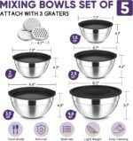 Herogo 5-Piece Mixing Bowls with Airtight Lids, 3 Grater Attachments, Stainless Steel Salad Serving Bowls for Kitchen, Size 4.6, 3.5, 2.5, 2, 1.5QT Ideal for Prepping & Cooking, Black - Image 3