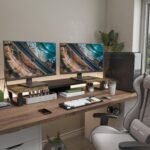 WESTREE Dual Monitor Stand Riser, Wood and Steel Multi-Purpose Desktop Storage Stand for 2 Monitors for Computer, Laptop, Printer, TV, Rustic Brown - Image 4
