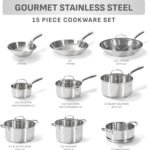 T-fal Gourmet 15-Piece Stainless Steel Cookware Set, Pots and Pans Cooking Set, Dishwasher Safe, Oven Safe to 500°F, Induction Compatible, Stock Pot, Sauce, Saute, Frying Pans, Silver - Image 3
