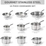 T-fal Gourmet 15-Piece Stainless Steel Cookware Set, Pots and Pans Cooking Set, Dishwasher Safe, Oven Safe to 500°F, Induction Compatible, Stock Pot, Sauce, Saute, Frying Pans, Silver - Image 4