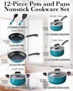 Cook N Home Pots and Pans Nonstick Cookware Set 12-Piece, Kitchen Cooking Set with Frying Pans and Saucepans, Induction Compatible, Turquoise - Image 3