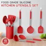 Onader 15 Pcs Silicone Cooking Utensils Set, Red Kitchen Utensils Spatula Set with Holder, Large Kitchen Gadgets Tools for Nonstick Cookware - Image 5