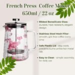 Glass French Press Coffee Maker 22oz (Pink Floral) – Double-Wall Borosilicate Ribbed Coffee Press with Stainless Steel Filter, Manual Coffee Brewer & Tea Press - Image 3