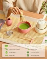 Maestri House Pink Matcha Whisk Set, 7-Pc Complete Matcha Kit with Spouted Ceramic Bowl, Bamboo Whisk and Holder, Scoop, Spoon Rest & Sifter, Tea Cloth – Ideal Gift for Matcha Lovers (Pink) - Image 3