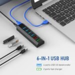 USB Hub, Aiibe 6 Ports Super High Speed USB 3.0 Hub Splitter + 24W Power Adapter + USB 3.0 Cable, Black Smart Fast Charger Powered USB Hub for Laptop, Mac, PC, Mobile HDD, Mulitple Devices - Image 3