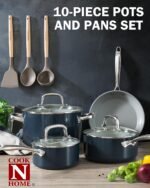 Cook N Home Pots and Pans Set Non Stick, 10-Piece Hard Anodized Nonstick Ceramic Cookware Set, Induction Cookware Cooking Set with Stay-Cool Handles, Nylon Kitchen Utensils, Blue - Image 3