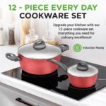 NutriChef Professional 12-Piece Red Nonstick Cookware Set - PFOA/PFOS-Free, Heat Resistant Lacquer, Elegant Design, Multi-Sized Pots and Pans - Image 3