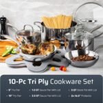 Gotham Steel 10 Pcs Tri Ply Stainless Steel Cookware Set, Pots and Pans Set with Induction Bottom, Made Without PTFE PFOA PFOS, Metal Utensil Safe, Oven and Dishwasher Safe - Image 3
