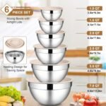 LIANYU 6 Piece Mixing Bowls with Lids Set, Size 7 & 3.5 & 2.5 & 2 & 1.5 & 1QT, Stainless Steel Cooking Serving Bowls, Metal Kitchen Nesting Bowl for Prepping & Food Storage, Dishwasher Safe, Khaki - Image 3