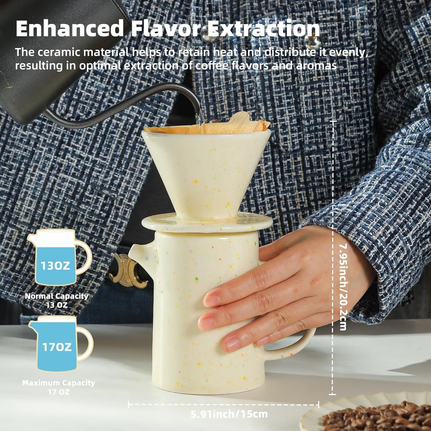 Pour Over Coffee Maker Set,Ceramic Pour Over Coffee Dripper Set with 20 Count Paper Coffee Filters,for Home Café Restaurant Camping,15.8 Ounces(Multi-Color Dot) - Image 3