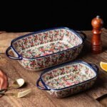 Baking Dish Ceramic Baking Pan Blue Casserole Dish Rectangular Baking Set 2pcs Bakeware Sets Single Serving Size Lasagna Pan Baking Dishes for oven (Exotic Daisy) - Image 4