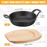 Nuogo 6 Sets Mini Cast Iron Skillet Mini Cast Iron Plates Skillet with Wooden Base Small Round Fajita Plate iron Pan Pot for Cooking Party(6.3 Inches) - Image 3