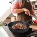 Nuogo 6 Sets Mini Cast Iron Skillet Mini Cast Iron Plates Skillet with Wooden Base Small Round Fajita Plate iron Pan Pot for Cooking Party(6.3 Inches) - Image 4
