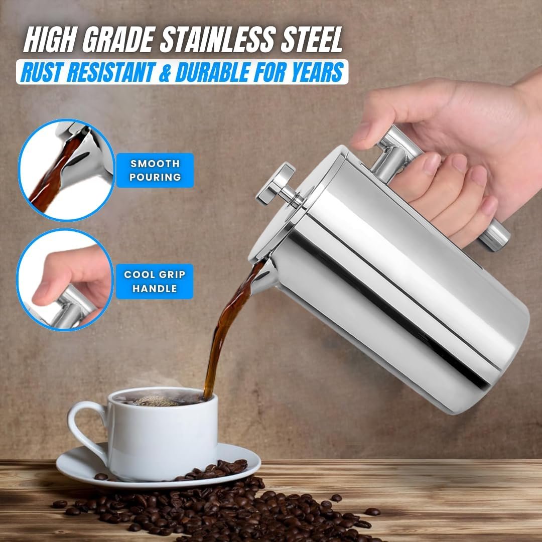 New York's Favorite Coffee French Press – 1L (34oz) Stainless Steel Brewer with Double Mesh Filter – Durable Rust-Resistant Ideal for Home Office Camping and Outdoor Use - Image 4