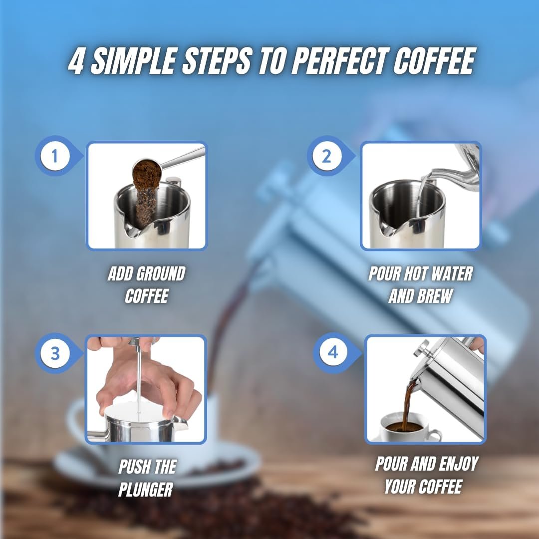 New York's Favorite Coffee French Press – 1L (34oz) Stainless Steel Brewer with Double Mesh Filter – Durable Rust-Resistant Ideal for Home Office Camping and Outdoor Use - Image 6