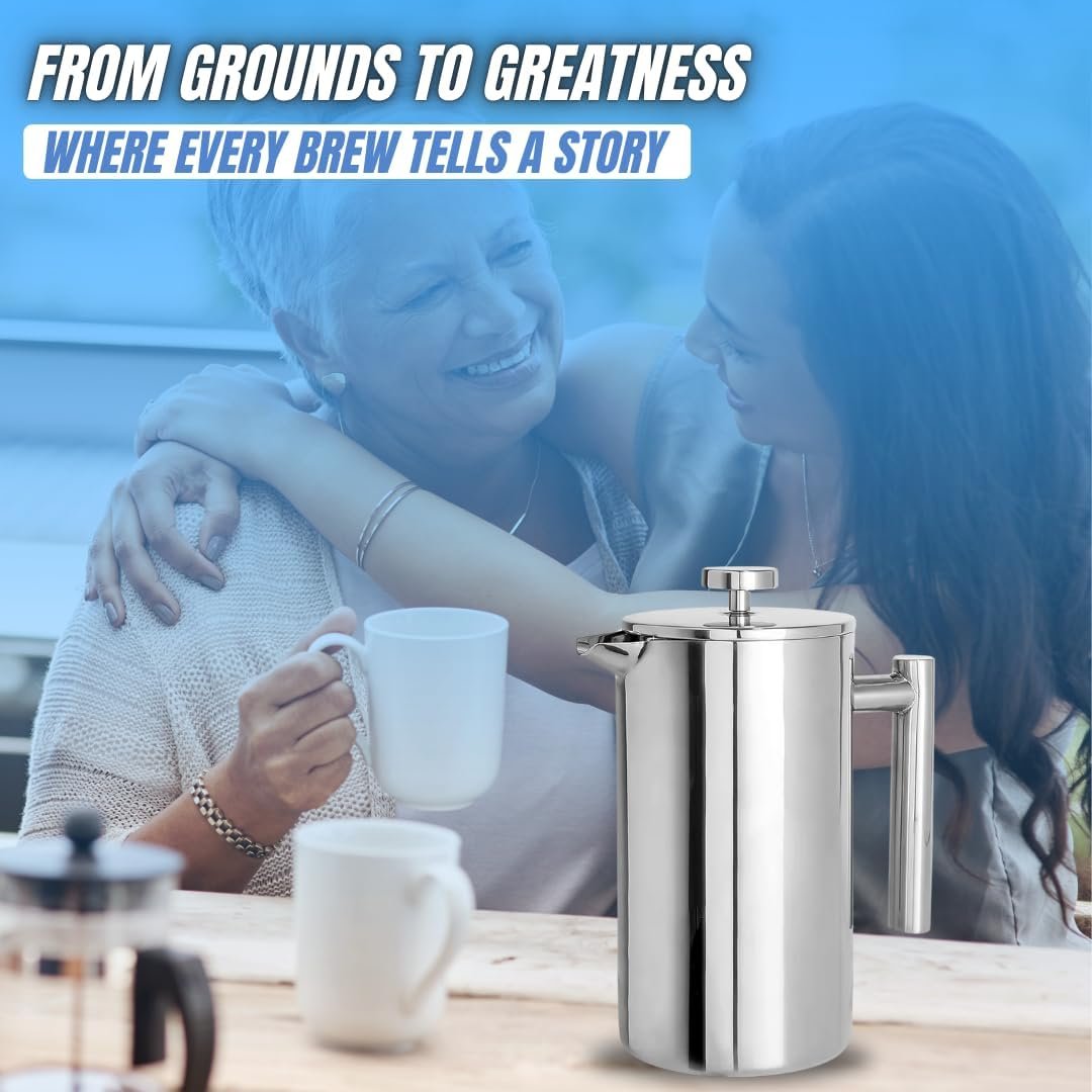 New York's Favorite Coffee French Press – 1L (34oz) Stainless Steel Brewer with Double Mesh Filter – Durable Rust-Resistant Ideal for Home Office Camping and Outdoor Use - Image 7