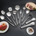 304 Stainlss Steel Kitchen Utensils Set, 12 Pcs Long Metal Cooking Utensil Gadgets Tools Set with Spatula, Ladle, Spoon, Ladle, Skimmer, Tunner, Pasta Server, Tongs(Silver, Dishwasher Safe) - Image 3