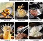 304 Stainlss Steel Kitchen Utensils Set, 12 Pcs Long Metal Cooking Utensil Gadgets Tools Set with Spatula, Ladle, Spoon, Ladle, Skimmer, Tunner, Pasta Server, Tongs(Silver, Dishwasher Safe) - Image 5