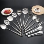 304 Stainlss Steel Kitchen Utensils Set, 12 Pcs Long Metal Cooking Utensil Gadgets Tools Set with Spatula, Ladle, Spoon, Ladle, Skimmer, Tunner, Pasta Server, Tongs(Silver, Dishwasher Safe) - Image 8
