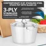 Viking Contemporary 3-Ply Stainless Steel Stock Pot, 8 Quart Soup Cooking Pot with Lid, Kitchen Cookware - Image 3