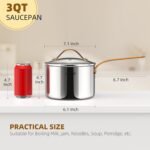 3 Quart Sauce Pan with Lid, Upgraded Tri-Ply Stainless Steel Saucepan with Mirror Polishing and 2 Scales, Induction Ready Cooking Pot with Stay-Cool Brass Handle, Dishwasher & Oven Safe - Image 3
